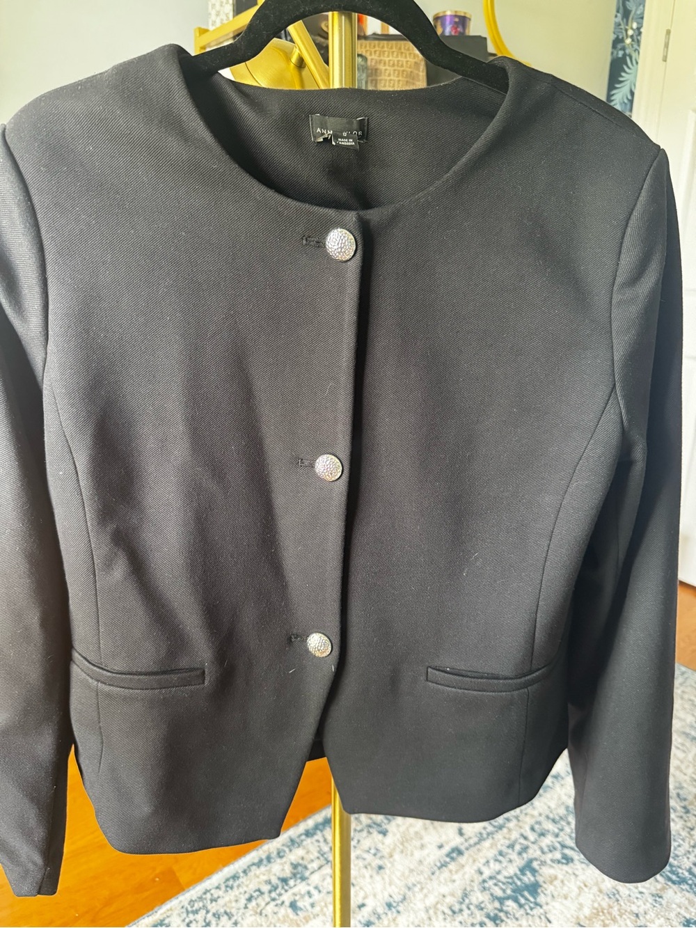Anne Taylor Black Collarless Button Blazer Jacket